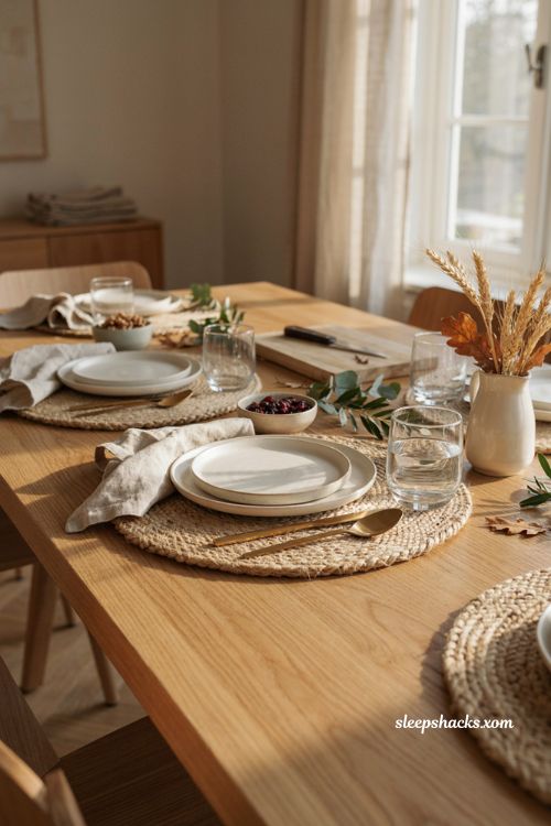 Rustic woven placemats Thanksgiving table with natural hemp fibers and simple neutral decor
