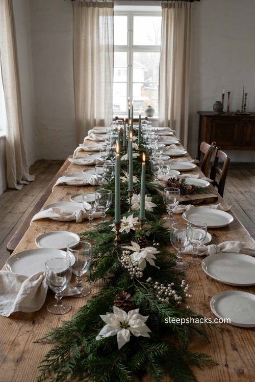 Sage green Christmas candles with white poinsettias pinecones and berries 