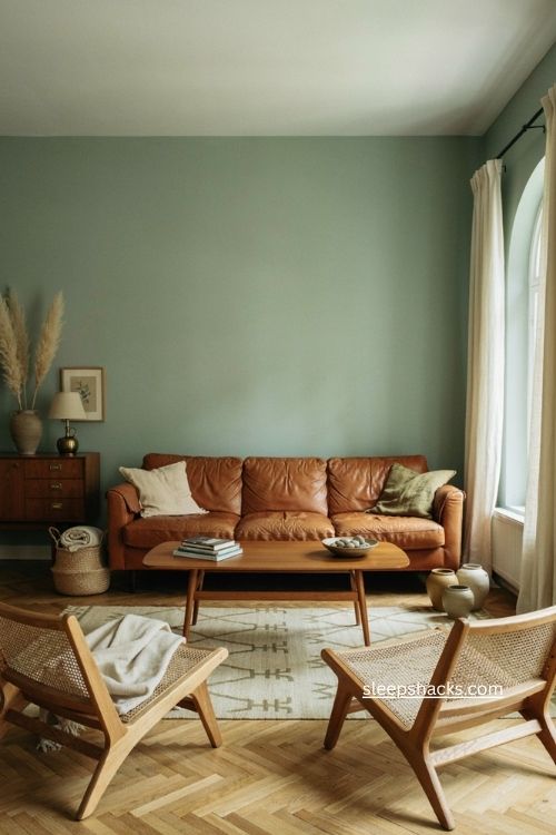 Sage green and warm brown living room with leather sofa and midcentury wood