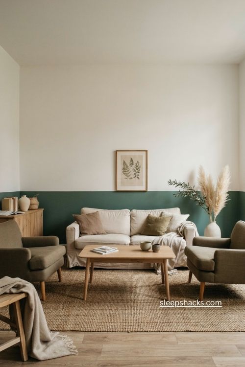 Sage green half wall living room with white walls neutral furniture and warm wood