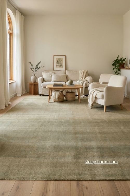 Sage green rug living room with neutral furniture and warm natural decor