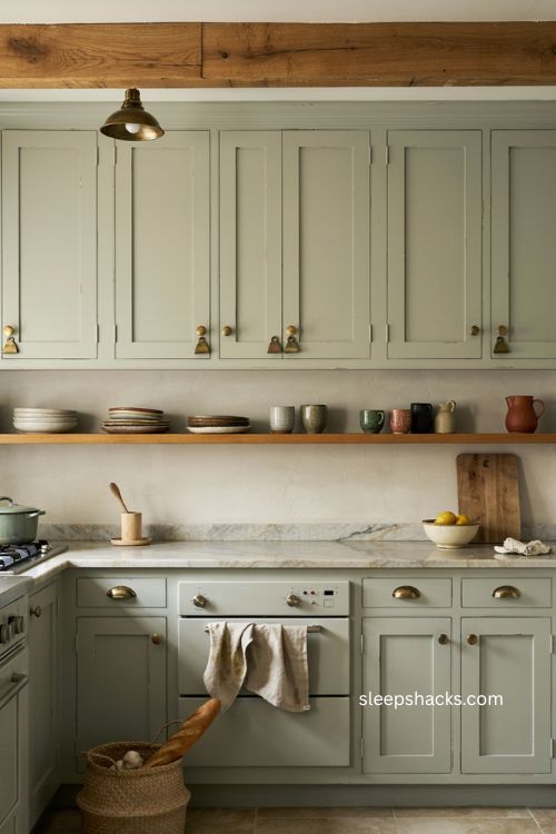 Sage green shaker cabinets with natural wood and stone in a rustic kitchen 