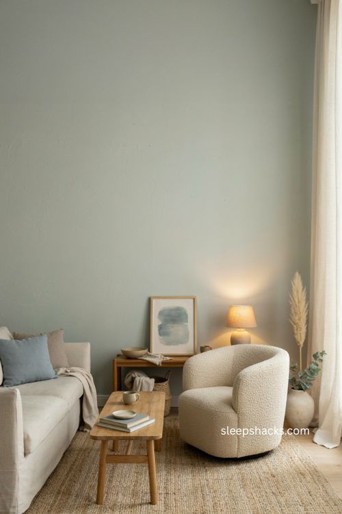 Sage green therapist office decor with calming muted walls soft blue accents and cozy natural textures