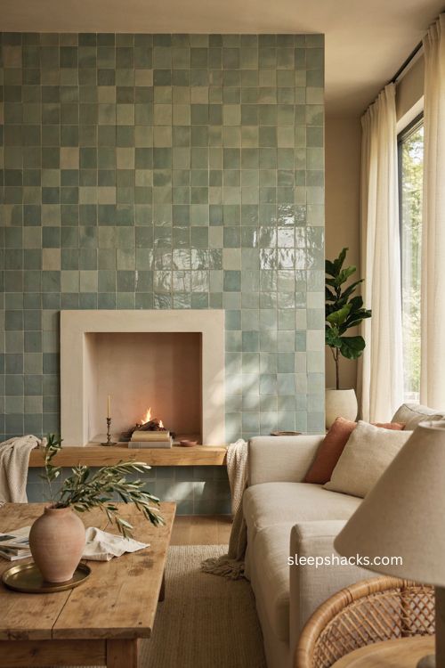Sage green tiled living room feature wall with cozy fireplace and organic decor 