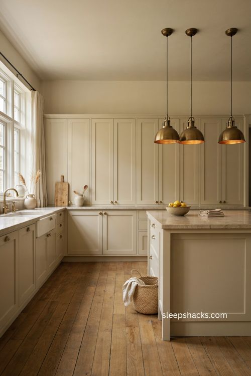 Sage toned cream kitchen with large island oversized brass pendants and timeless style 