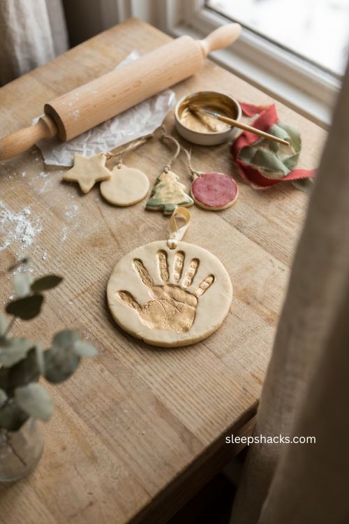 Salt dough handprint ornament Christmas craft for toddlers with gold painted keepsake 