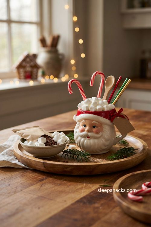Santa cocoa delivery Christmas mug gift with marshmallows candy canes and wooden spoon 