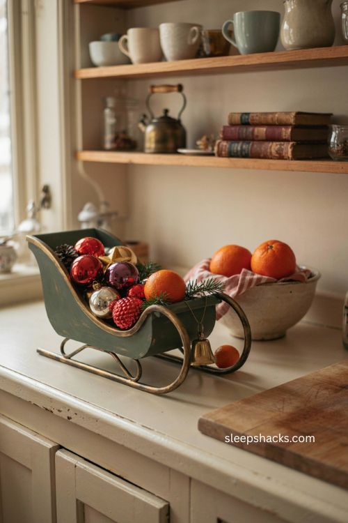 Santa sleigh centerpiece filled with ornaments and oranges on Christmas kitchen counter 