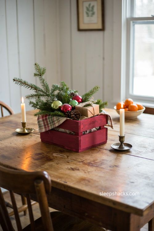 Santa sleigh wooden crate Christmas centerpiece with plaid fabric greenery and wrapped gifts 