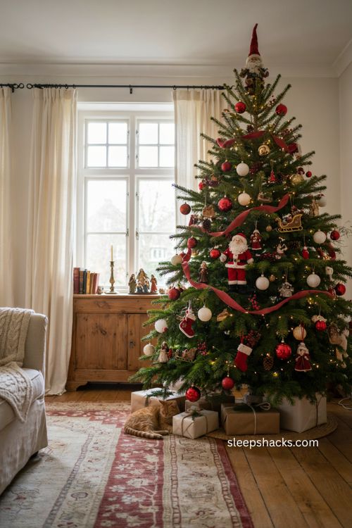 Santa themed red and white Christmas tree ideas without candy cane decor 