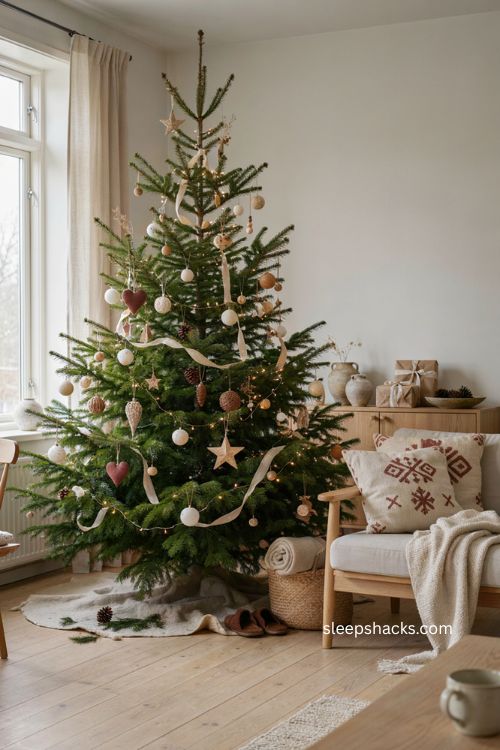 Scandinavian Christmas tree with white cream soft red ornaments and cozy Nordic decor 