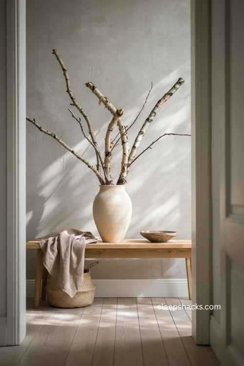 Scandinavian fall decor with bare birch branches in a simple ceramic vase 