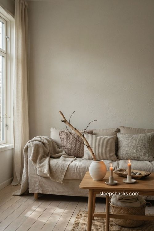 Scandinavian fall decor with chunky knit throws oatmeal pillows and natural wood 