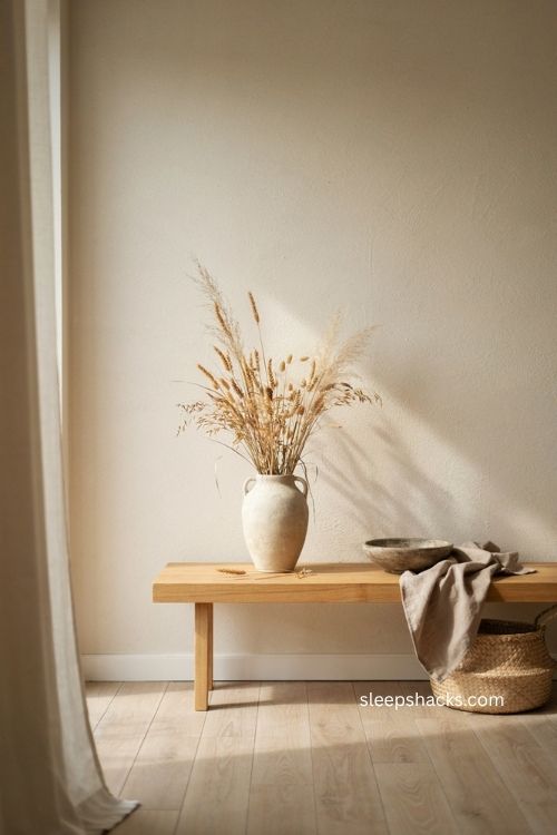 Scandinavian fall decor with dried grasses in a simple ceramic jug