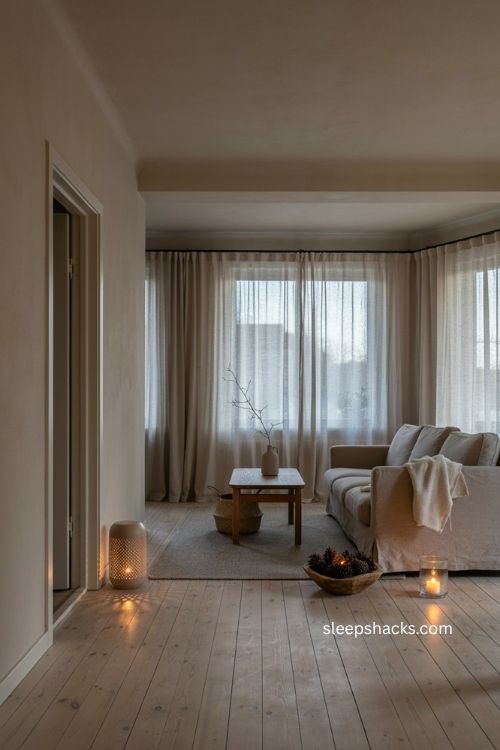 Scandinavian fall decor with low level lighting lanterns pinecones and cozy neutral textures 