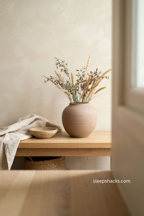 Scandinavian fall decor with matte neutral terracotta pot dried grasses and natural wood 