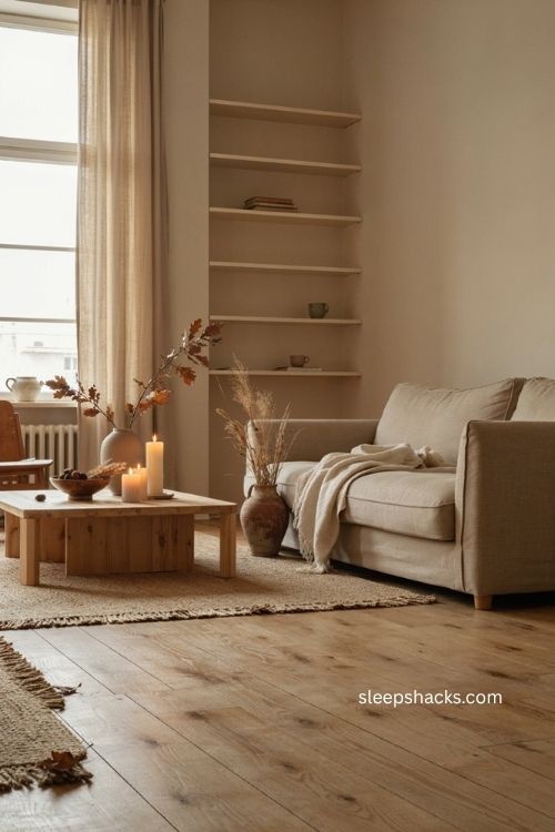 Scandinavian fall decor with minimalist living room natural wood candles and dried branches 