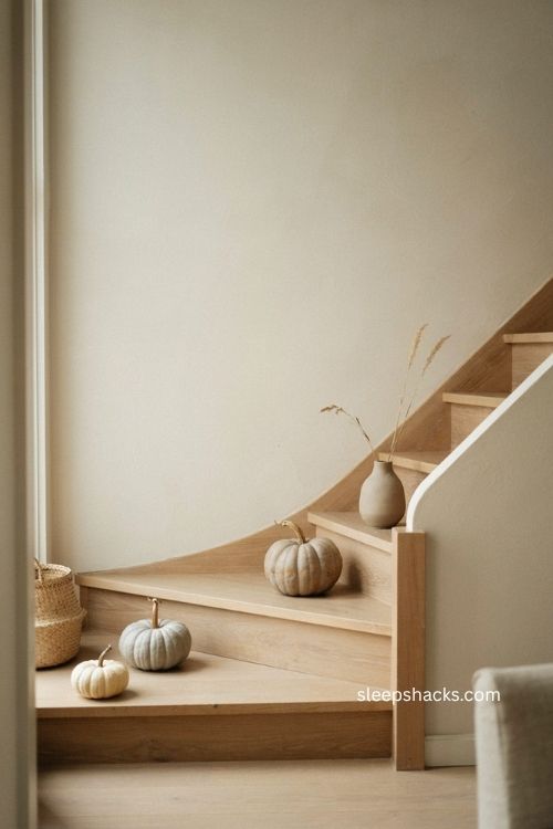 Scandinavian fall decor with monochrome cream pumpkins on minimalist staircase 