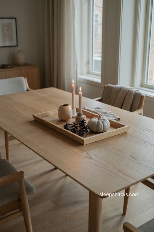 Scandinavian fall decor with natural wood tray candles pinecones and white pumpkin centerpiece 