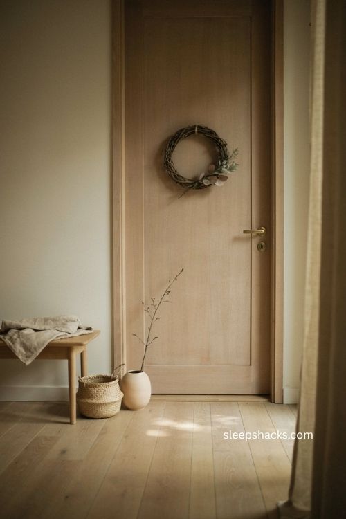 Scandinavian fall decor with simple natural grapevine wreath on wood door 