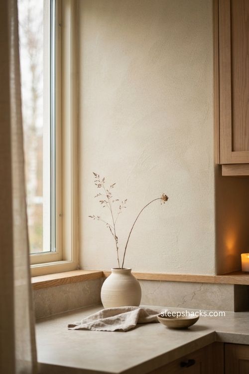 Scandinavian fall decor with single dried stem in a neutral ceramic vase 