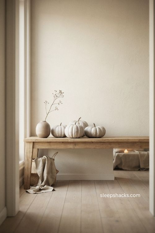 Scandinavian fall decor with white pumpkins on a minimalist natural wood console 