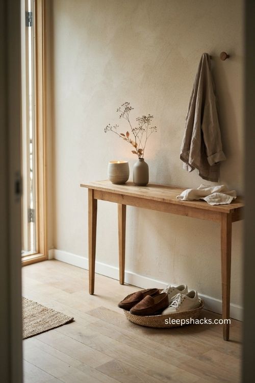 Scandinavian fall entryway decor with woven basket candle dried branches and natural wood 