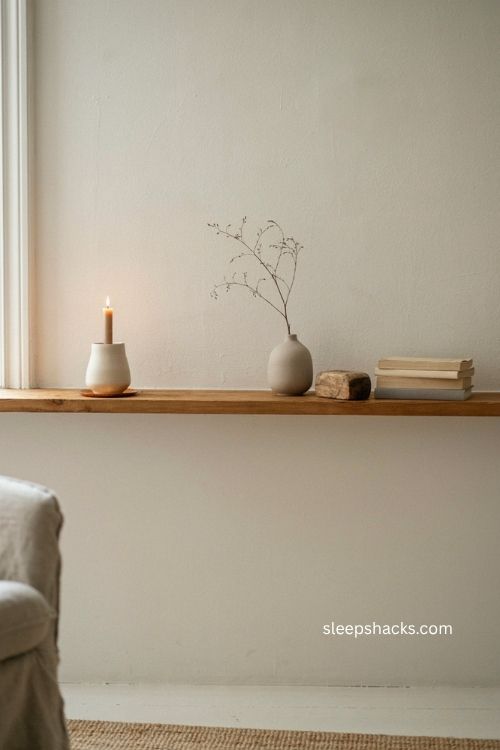 Scandinavian fall mantel decor with candles vase books and intentional negative space 