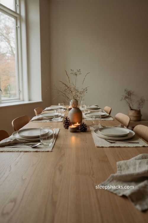 Scandinavian fall tablescape with neutral linen stoneware plates dried grasses and natural oak 