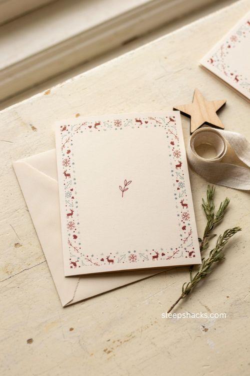 Scandinavian folk Christmas card with red cream and blue pattern border 