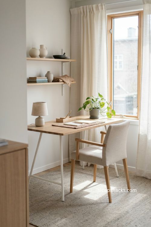 Scandinavian light wood standing desk with white steel legs by a window 