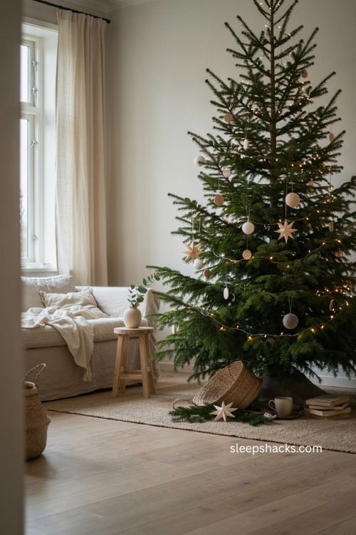 Scandinavian winter Christmas tree with white ornaments natural wood paper stars and warm lights