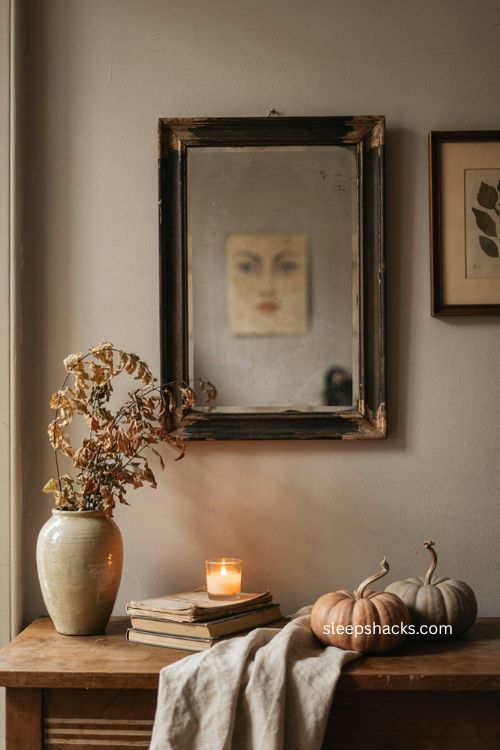 Scary face Halloween mirror with layered glass illusion and vintage hallway decor