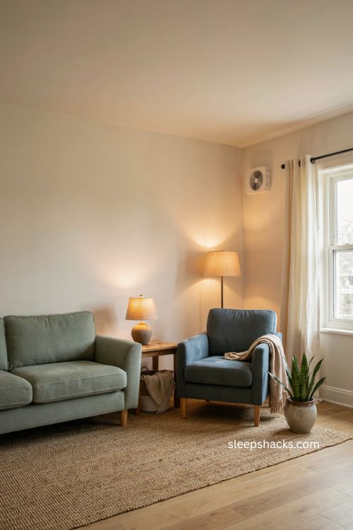 Scent free therapist office decor with open window quiet air purifier and calming natural textures