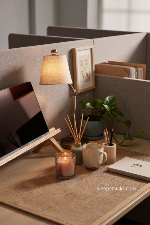 Scented candle and reed diffuser for cozy cubicle desk decor 