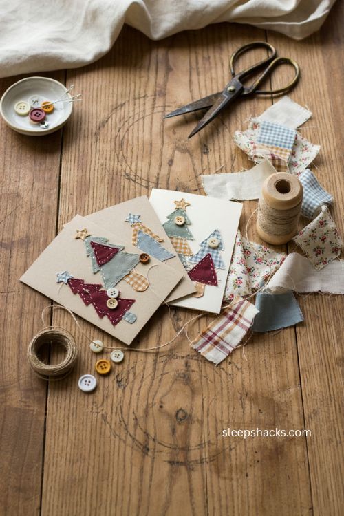 Scrap fabric Christmas cards with rustic patchwork details and cozy handmade holiday charm