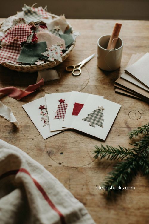 Scrap fabric patchwork Christmas cards with plaid gingham and handmade charm 