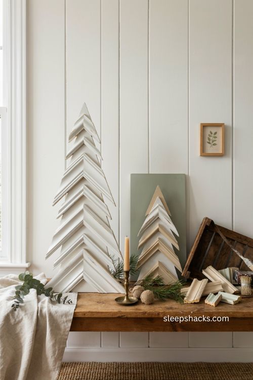Scrap moulding christmas trees in matte white and soft sage farmhouse decor 