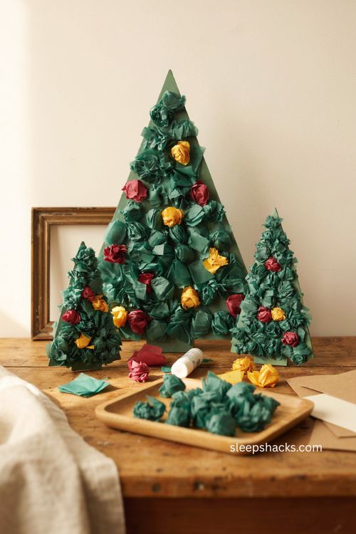 Scrunched tissue paper Christmas tree craft for toddlers with textured handmade ornaments 