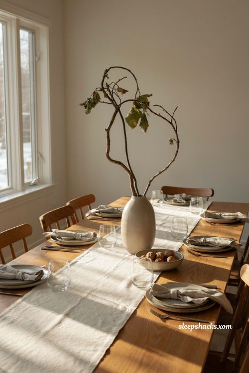 Sculptural branch Thanksgiving centerpiece with neutral ceramic vase and natural wood dining table
