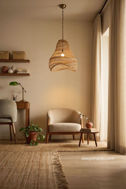 Sculptural brass and woven pendant light in a warm home office 