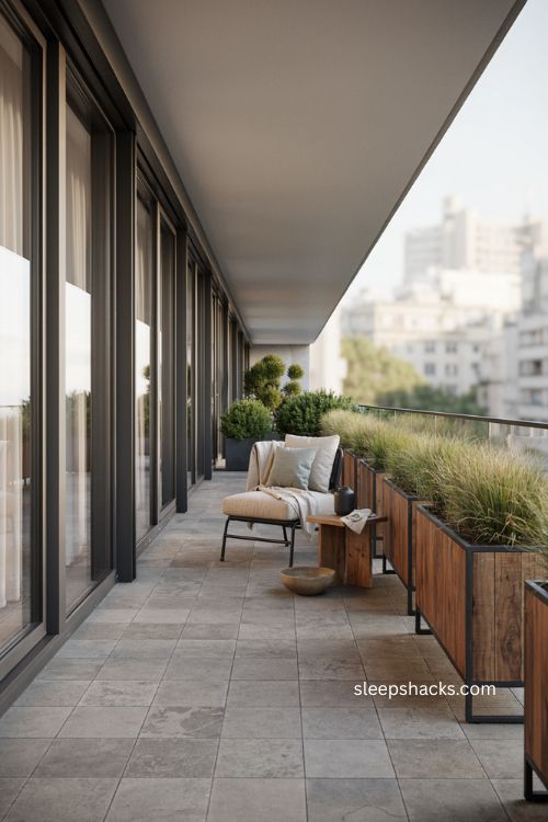 Sculptural wood clad planters modern balcony ideas with ornamental grasses