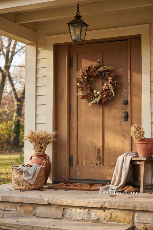 Seasonal Thanksgiving wreath with dried leaves wheat and gourds 