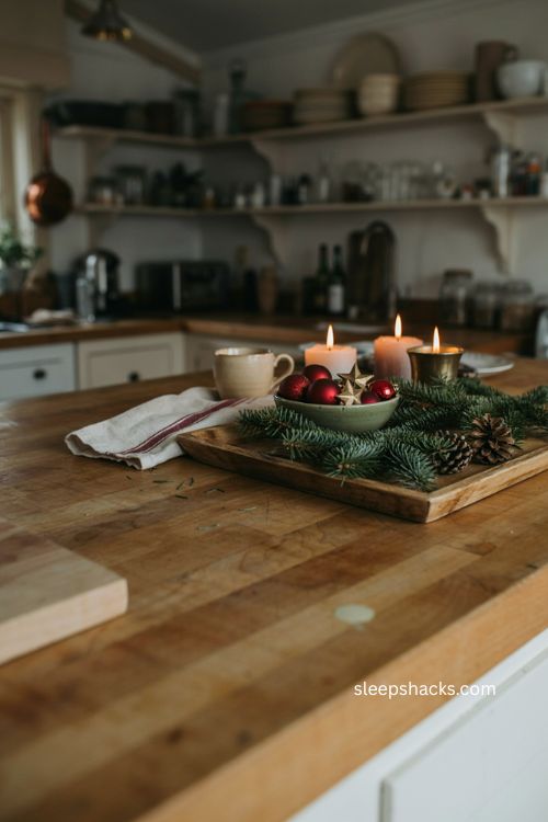 Seasonal candles with greenery and Christmas ornaments on a cozy kitchen counter 