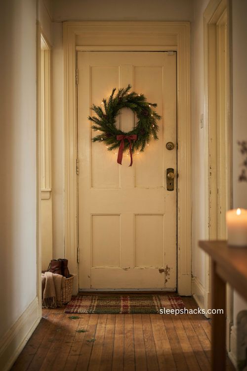 Seasonal christmas doormat apartment door decor with evergreen wreath plaid and warm lights 