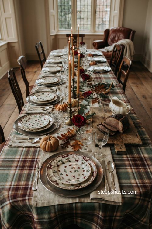 Seasonal motif linen napkins on Thanksgiving table with plaid china and Ralph Lauren country house style 