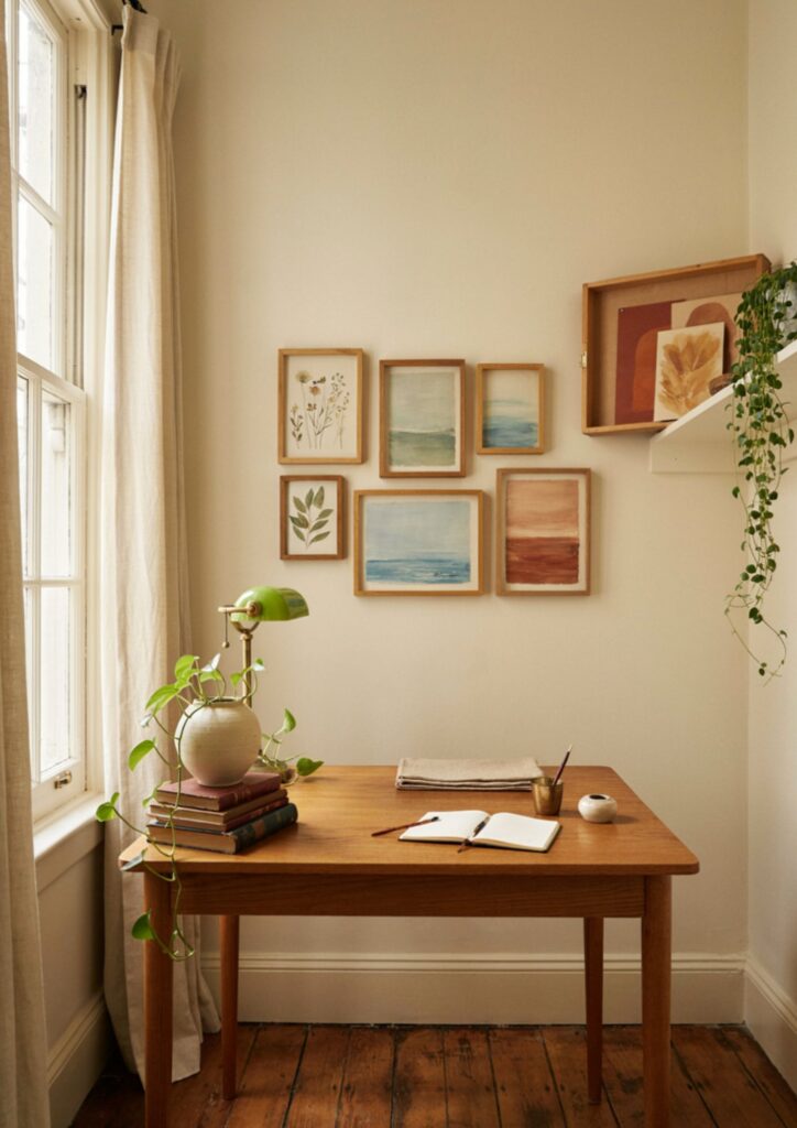 Seasonal rotating art collection with botanical prints in cozy home office