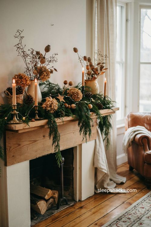 Seed pods pinecones and dried hydrangeas in natural Christmas garland decor