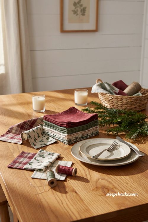 Self-binding cloth napkins Christmas sewing ideas for a holiday table 
