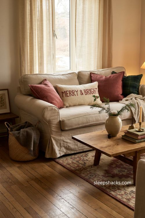 Sentiment saying Christmas pillow cozy farmhouse sofa holiday decor